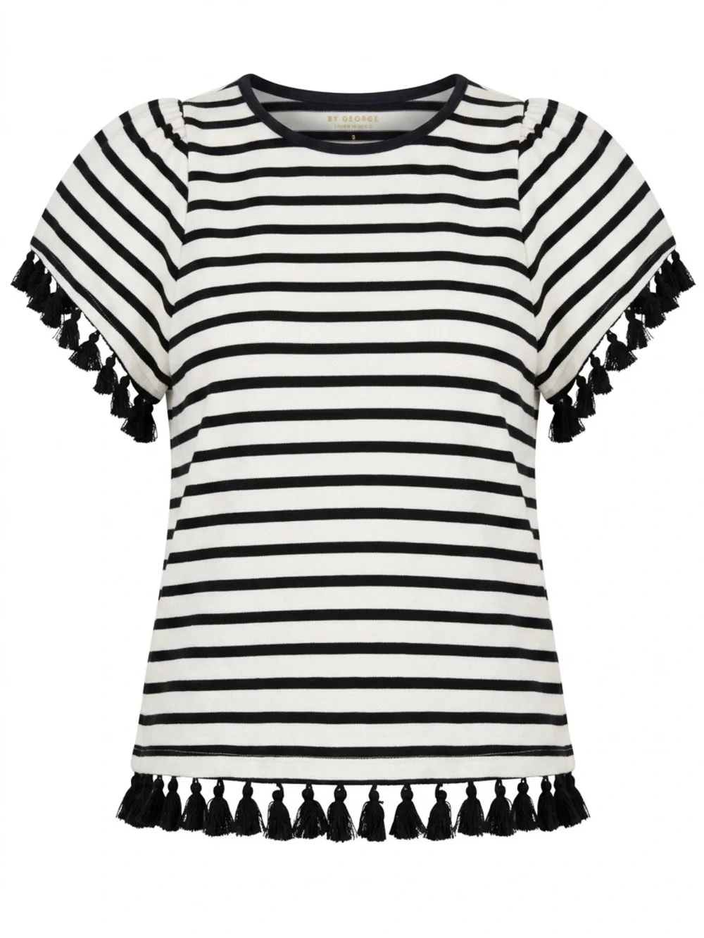 Kate Spade Black and White Striped Short-Sleeve Tassel Trim Top Size Large